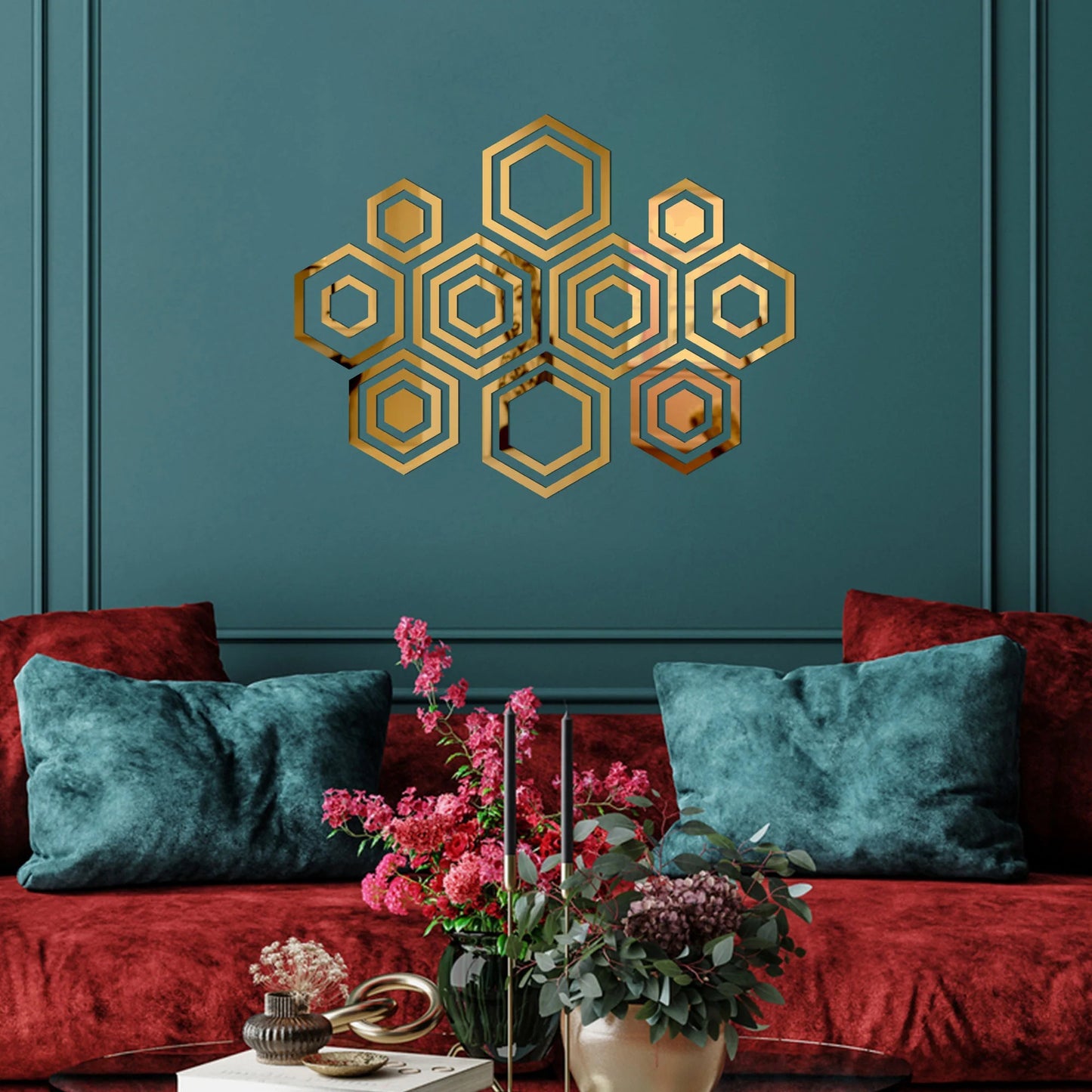 Golden Hexagon Mirror Wall Decor Set
